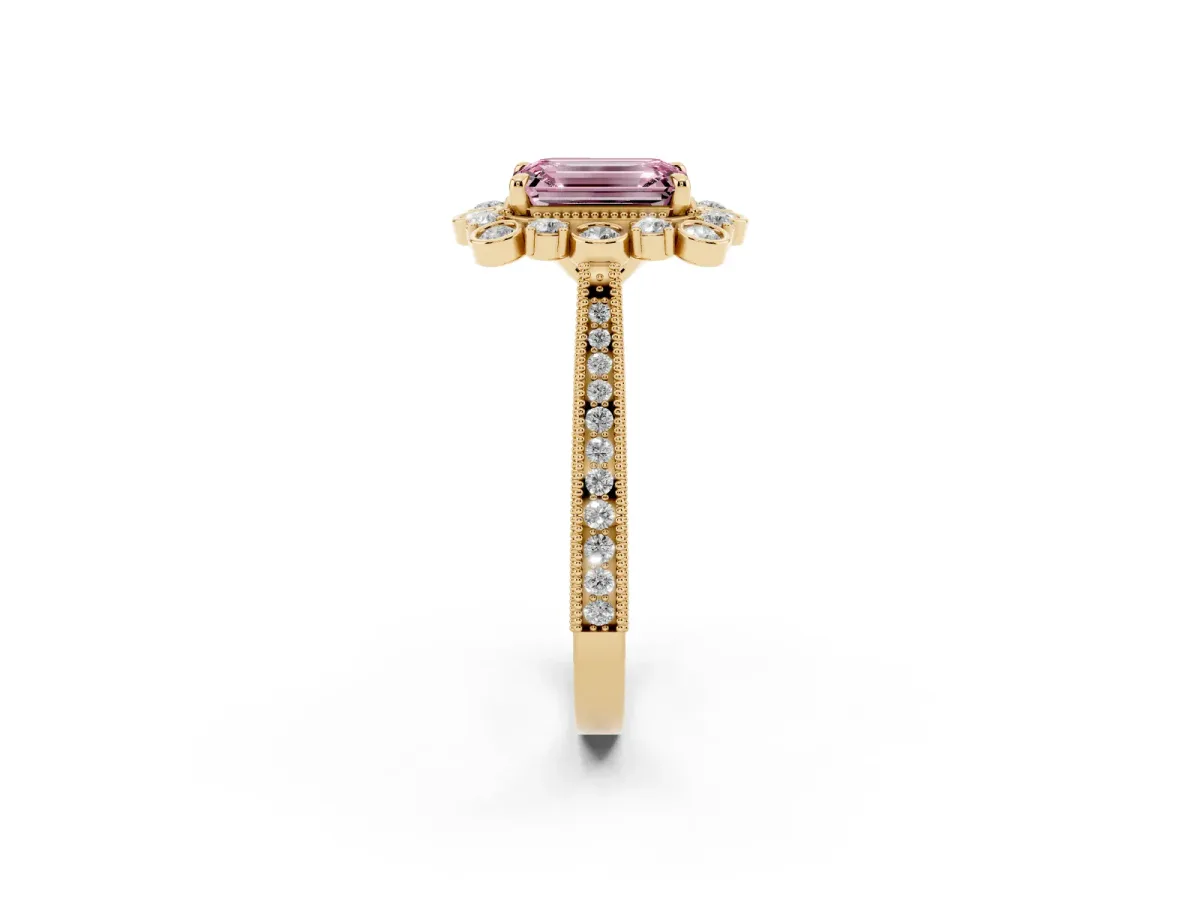 Fancy Pink Emerald Cut Halo Milgrain Pave Diamond Ring with Four-Prong Setting Yellow gold