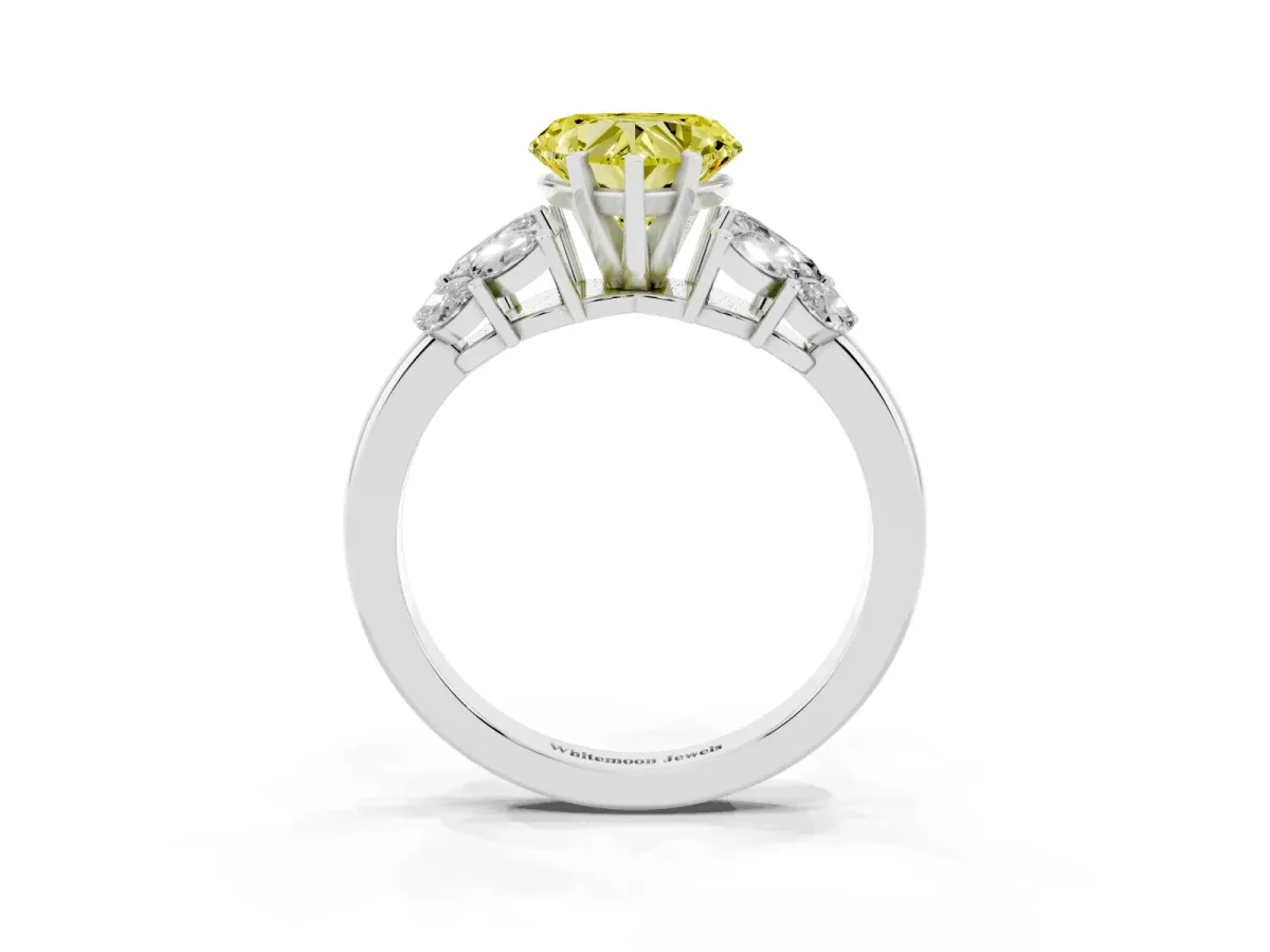 Fancy Yellow Heart Cut Diamond Cluster Leaf Design Ring with Prong Setting Silver