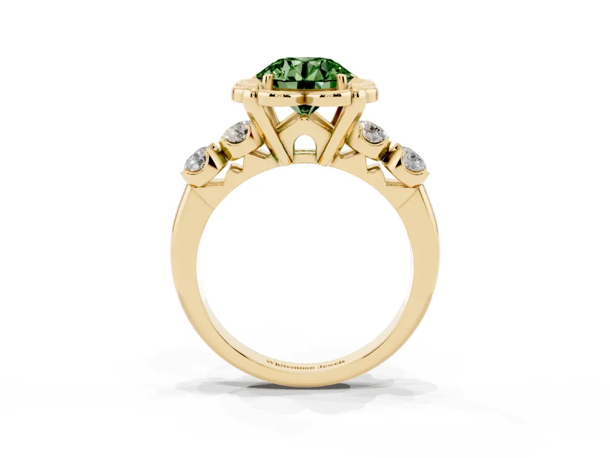 Fancy Green Round Cut Cut Diamond Floral Halo Engagement Ring with Shared Prong Setting Yellow gold