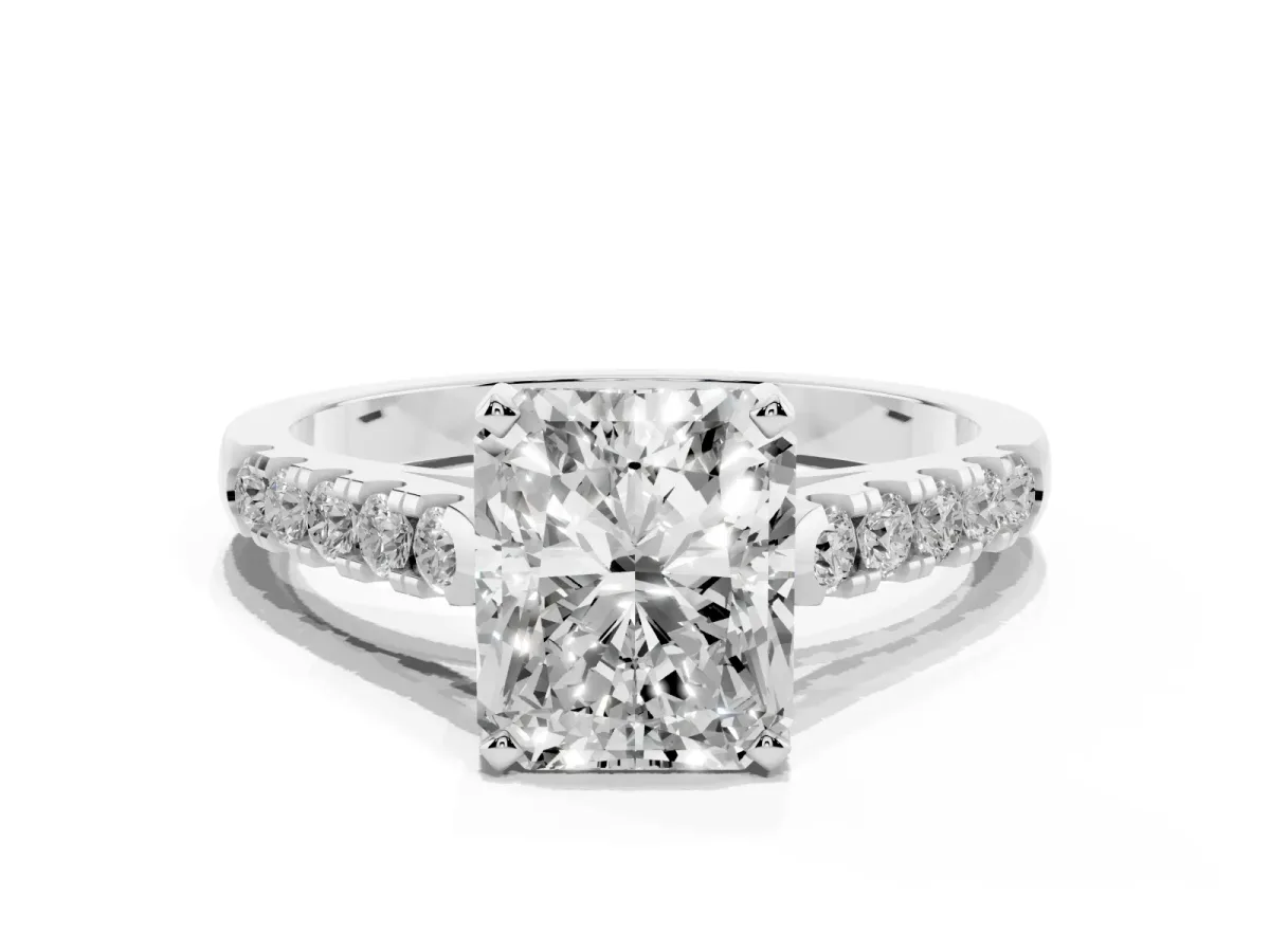 Radiant Cut Diamond Pavé Band Solitaire Ring with Prong Setting White gold