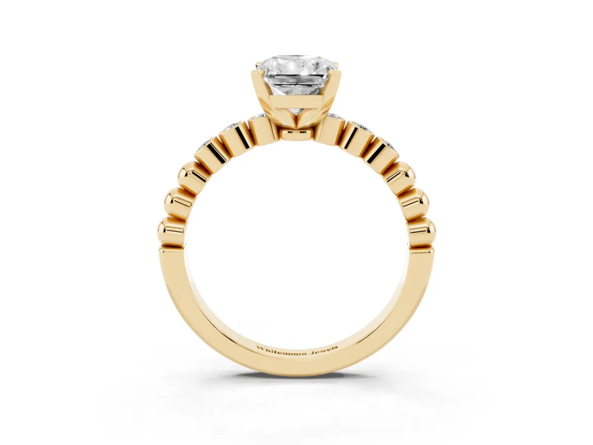 Radiant Cut Solitaire Bezel Accent Diamond Engagement Ring with Beaded Band and Four-Prong Setting Yellow gold