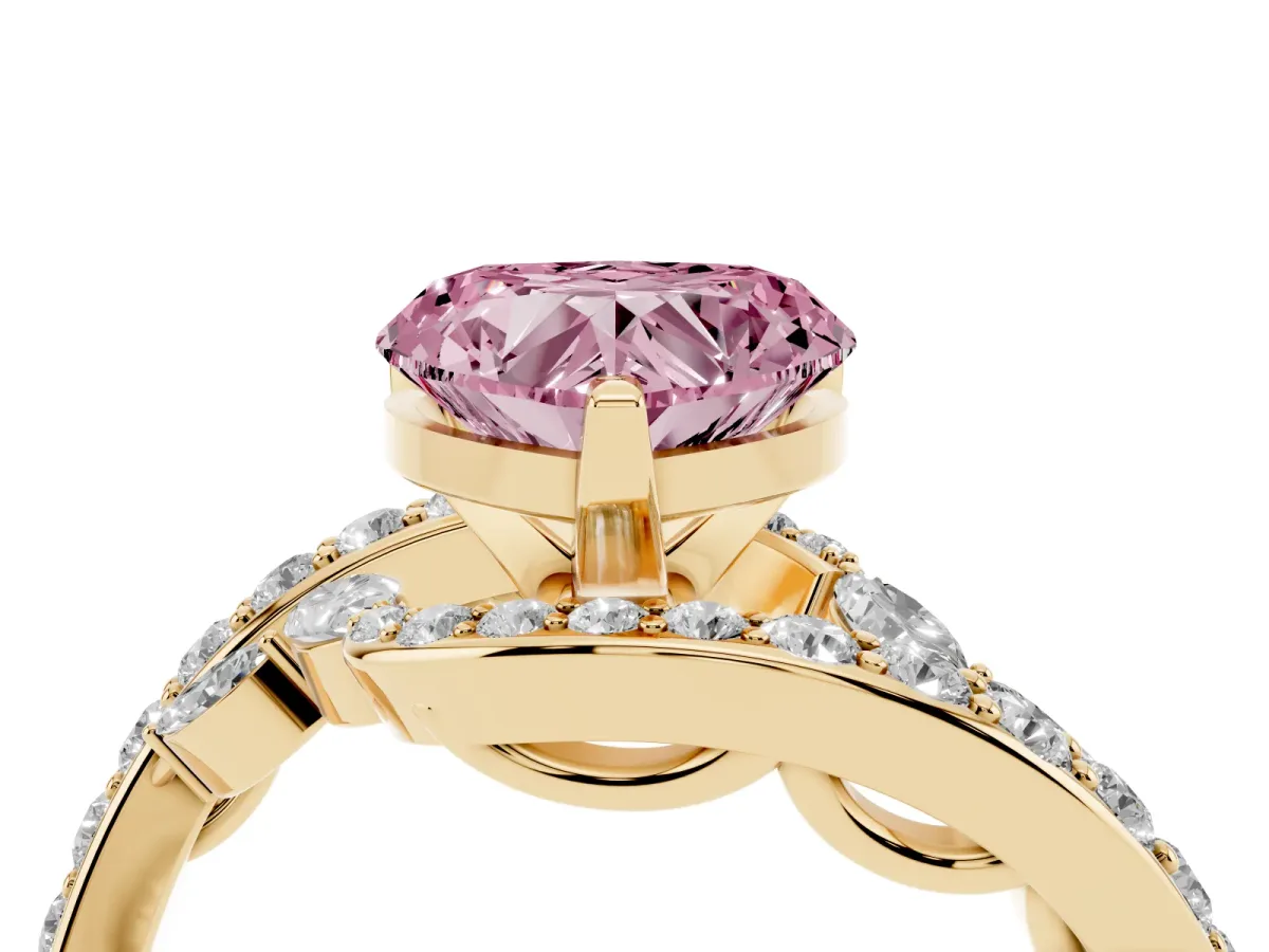 Fancy Pink Heart Cut Solitaire with Pavé Twist Band and Four-Prong Setting Yellow gold