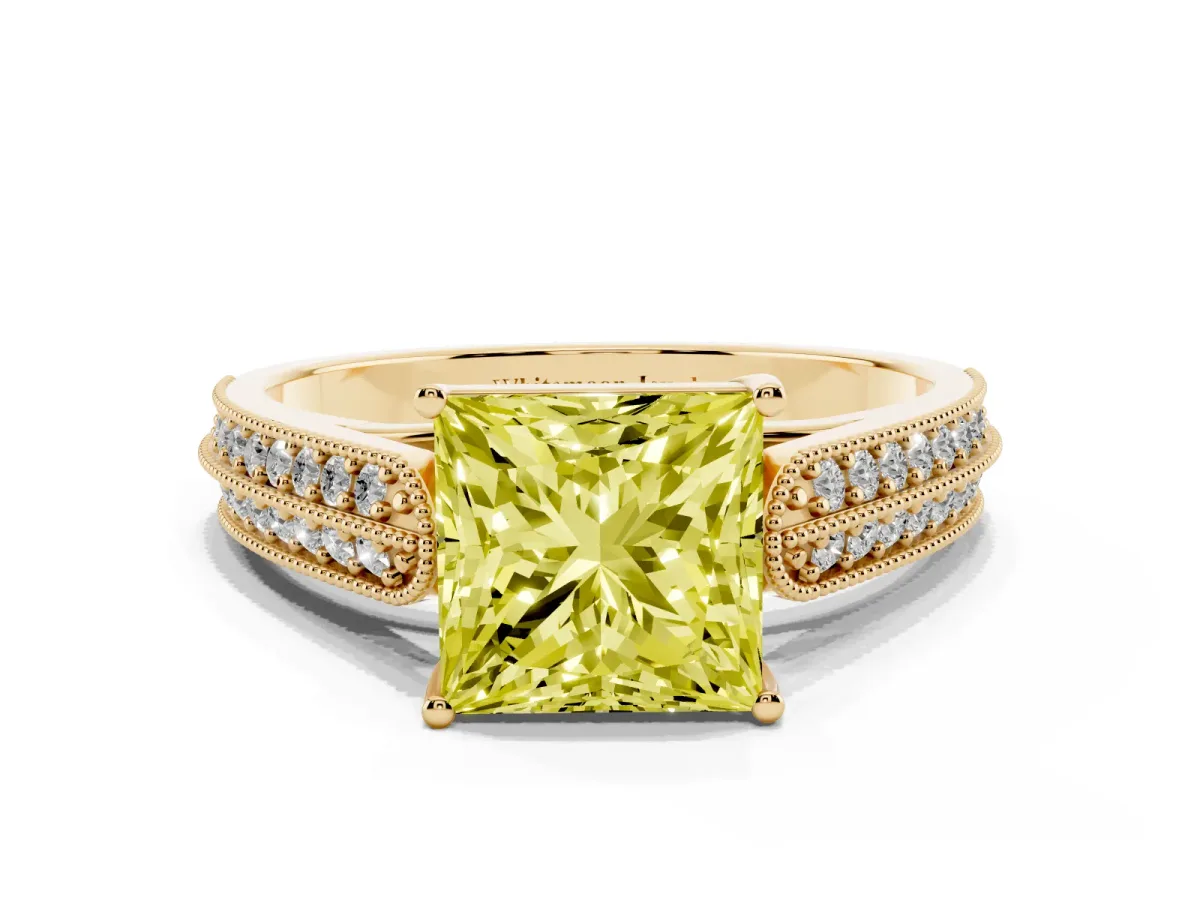 Fancy Yellow Princess Cut Cut Pave Split Shank Engagement Ring with Four-Prong Setting Yellow gold