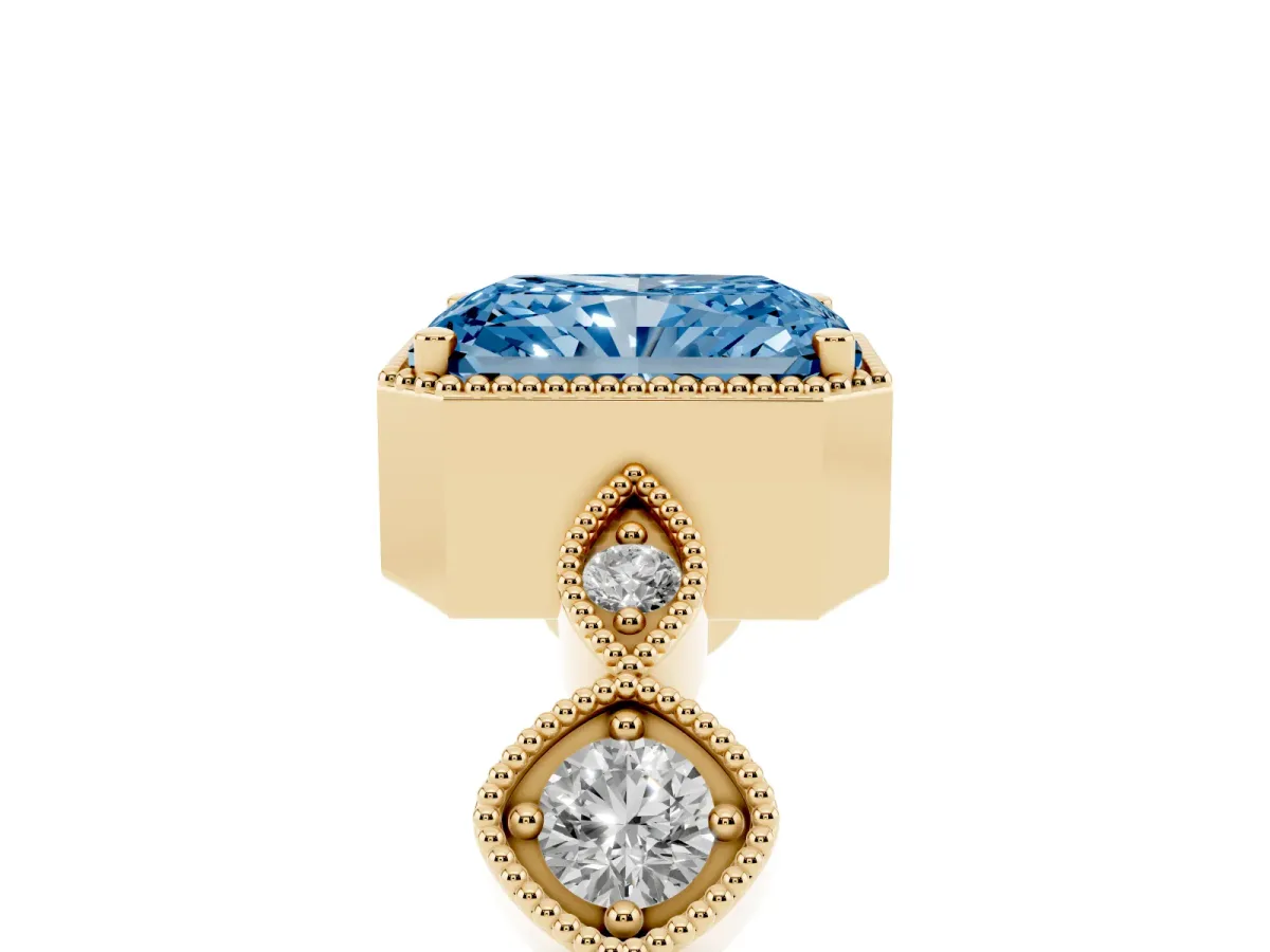 Fancy Blue Radiant Cut Diamond Vintage Milgrain Ring with Round Stations Yellow gold