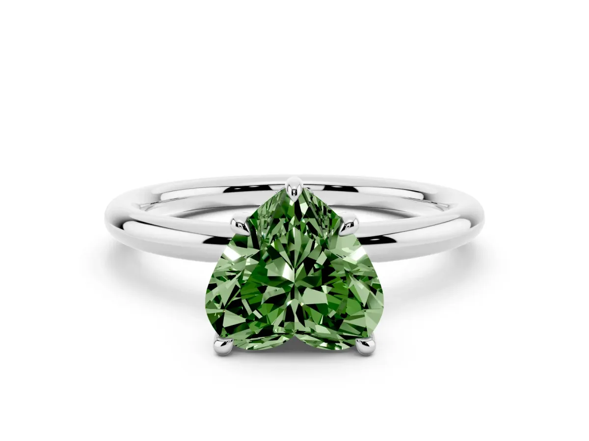 Fancy Green Heart Cut Diamond Solitaire Ring with Thin Band and Four-Prong Setting Platinum