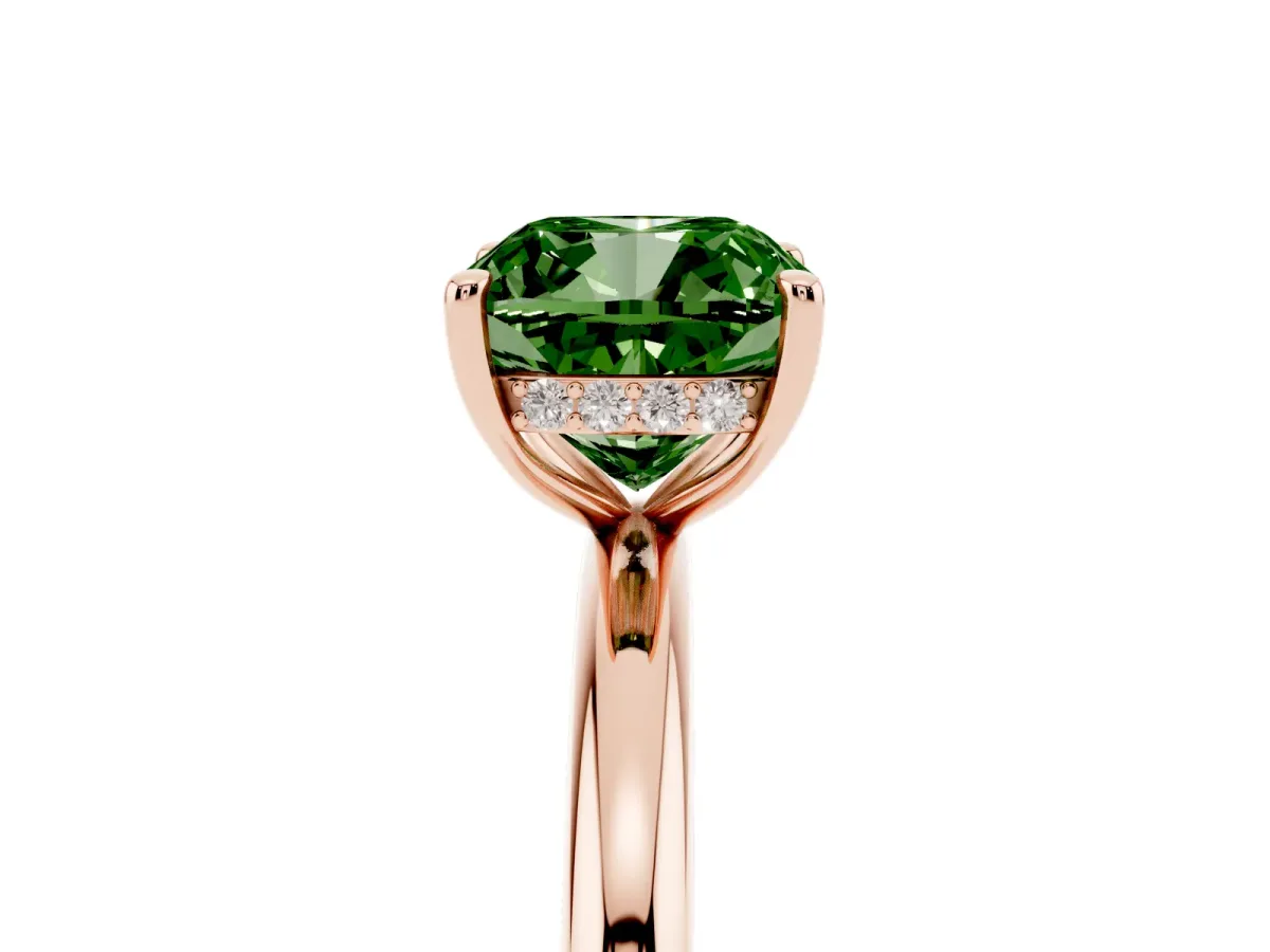 Fancy Green Cushion Cut Diamond Solitaire Ring with Thin Band and Four-Prong Setting Rose gold
