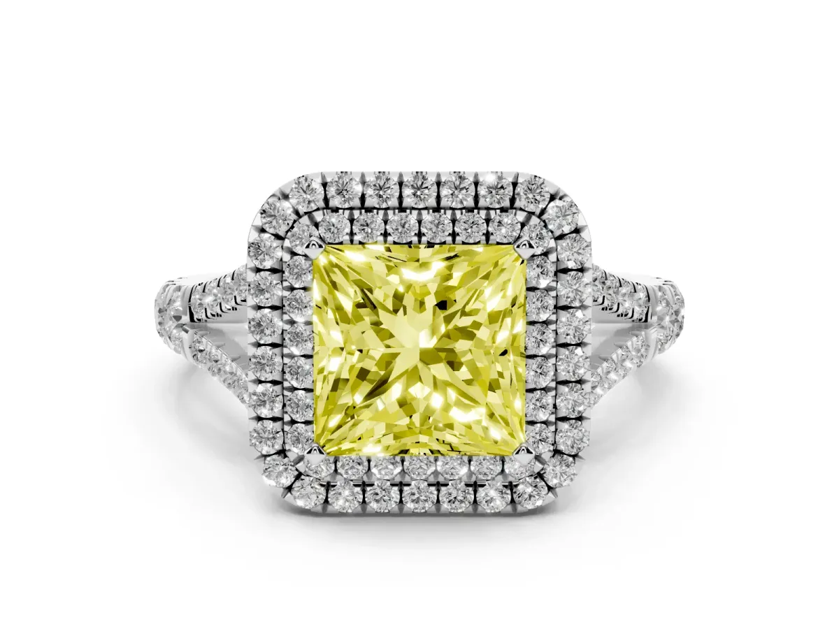 Fancy Yellow Princess Cut Diamond Double Halo Ring with Split Shank and Prong Setting Platinum