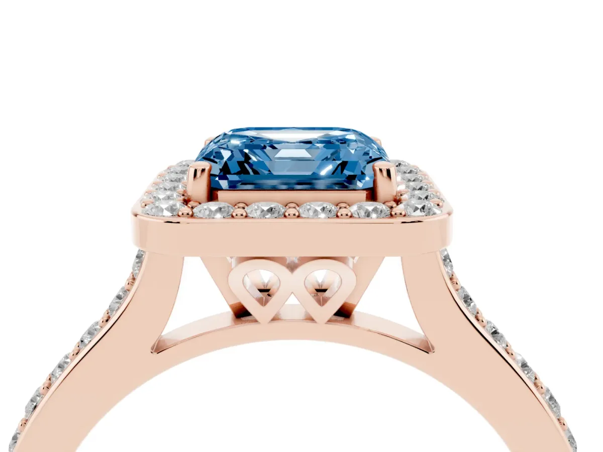 Fancy Blue Asscher Cut Diamond Halo Engagement Ring with Round Pavé Shoulders and Prong Setting Rose gold