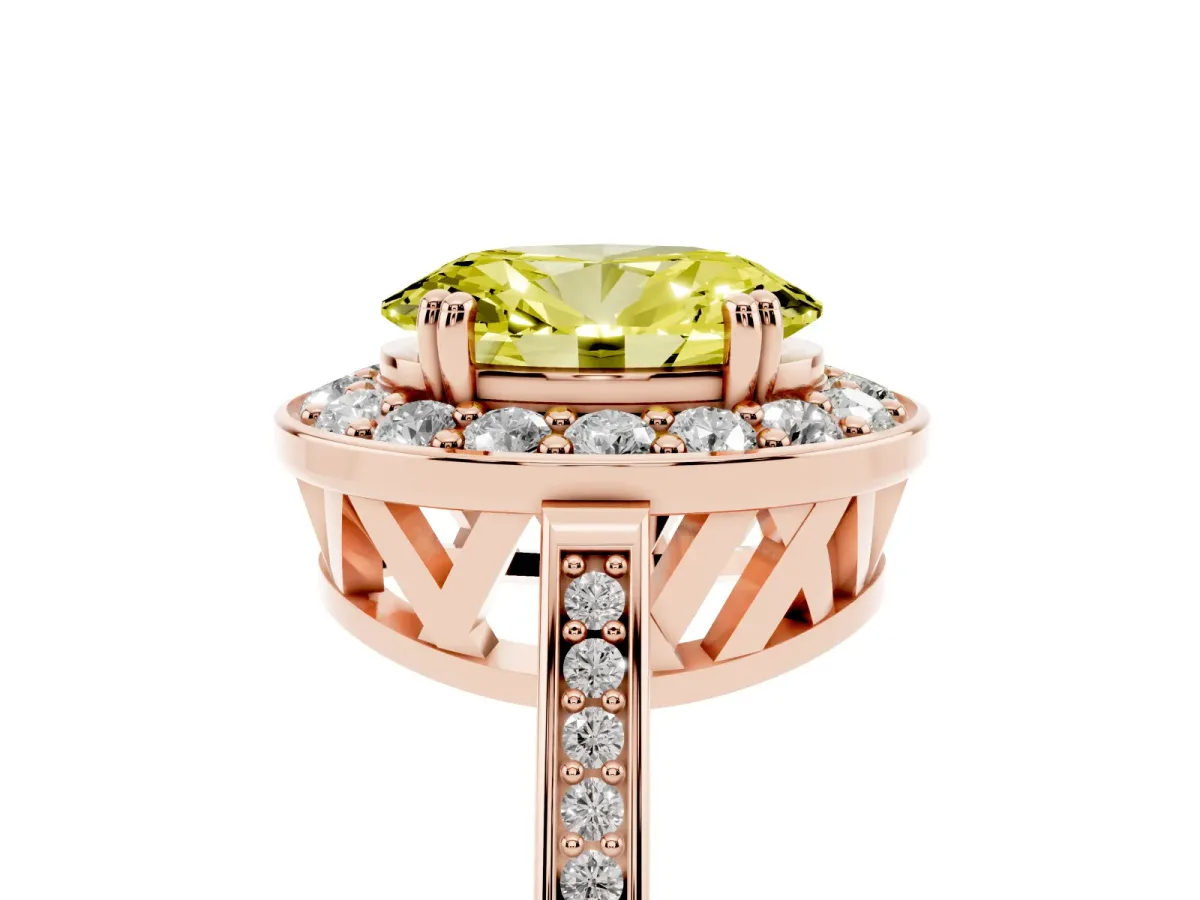 Fancy Yellow Oval Cut Diamond Halo Ring with Split Shank and Four-Prong Setting Rose gold