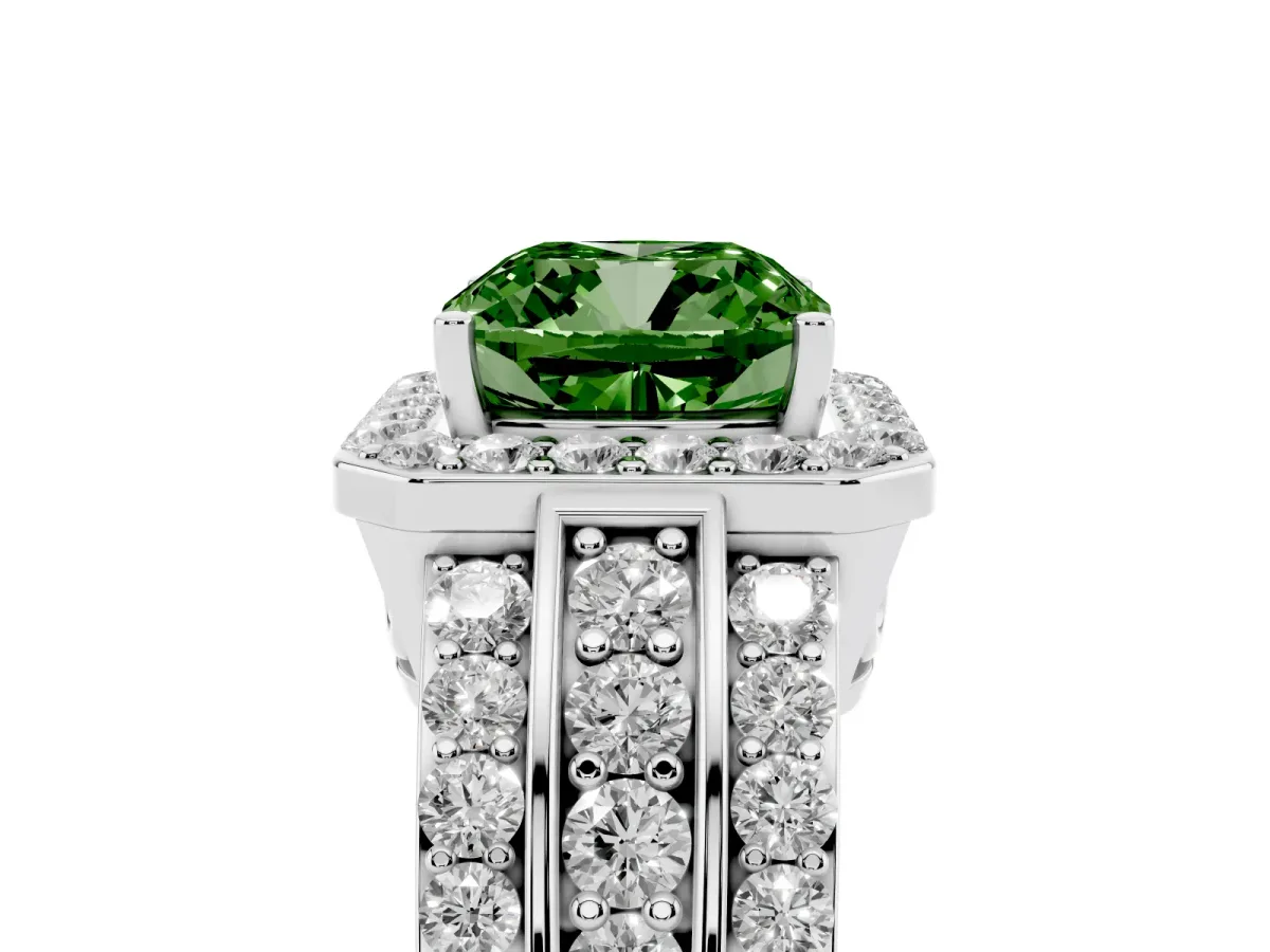 Fancy Green Cushion Cut Halo Diamond Ring with Round Split Shank and Prong Setting Silver