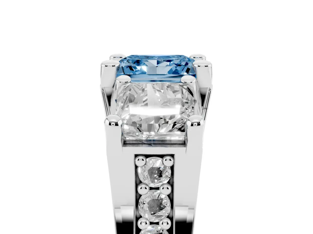 Fancy Blue Princess Cut Diamond Three-Stone Ring with Channel Set Band and Four-Prong Setting Silver