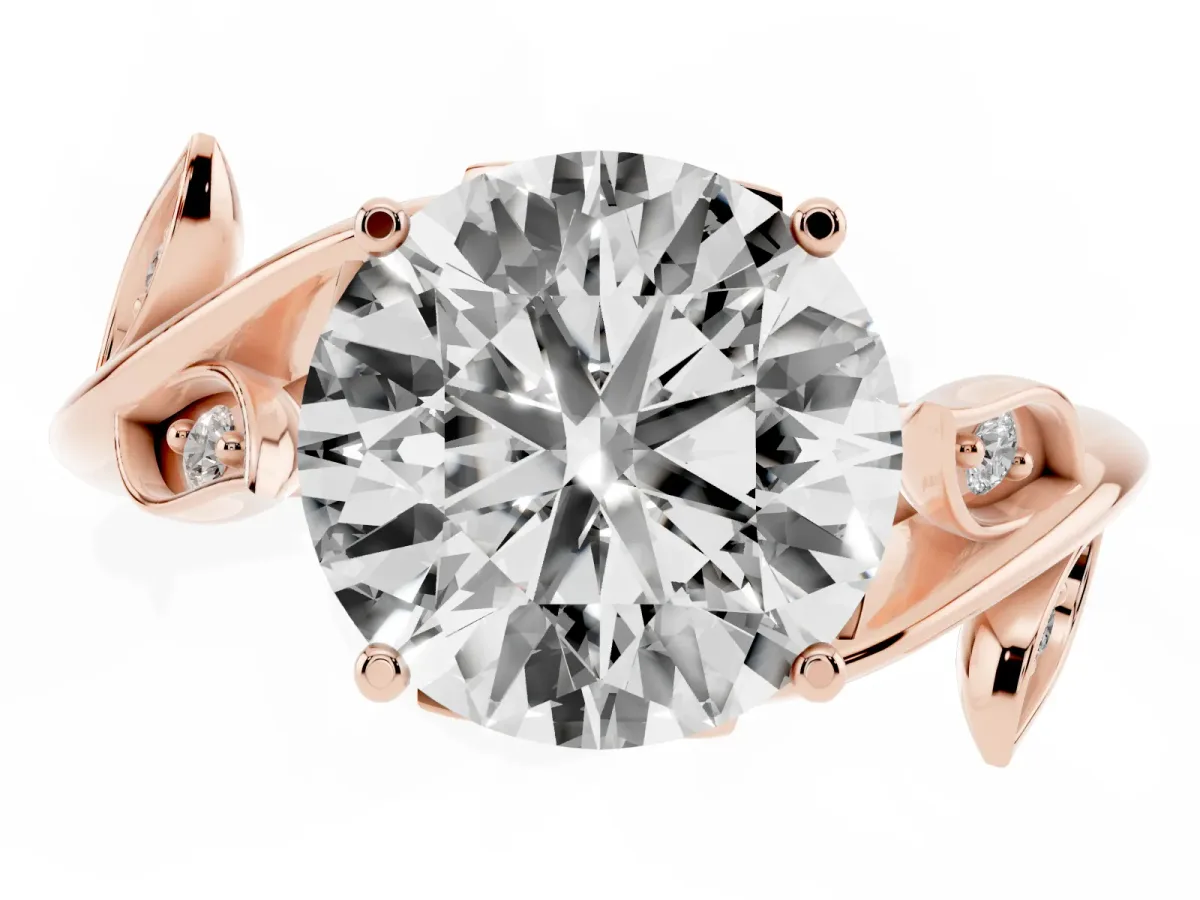 Round Cut Solitaire Twist Engagement Ring with Leaf Accents and Prong Setting Rose gold