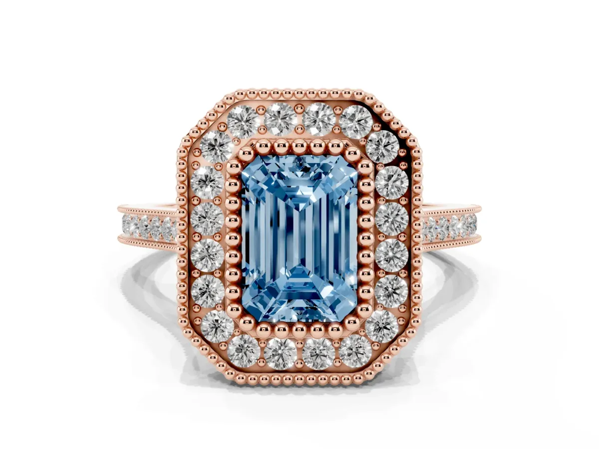 Fancy Blue Emerald Cut Diamond Halo Ring with Milgrain Frame and Pavé Band Rose gold