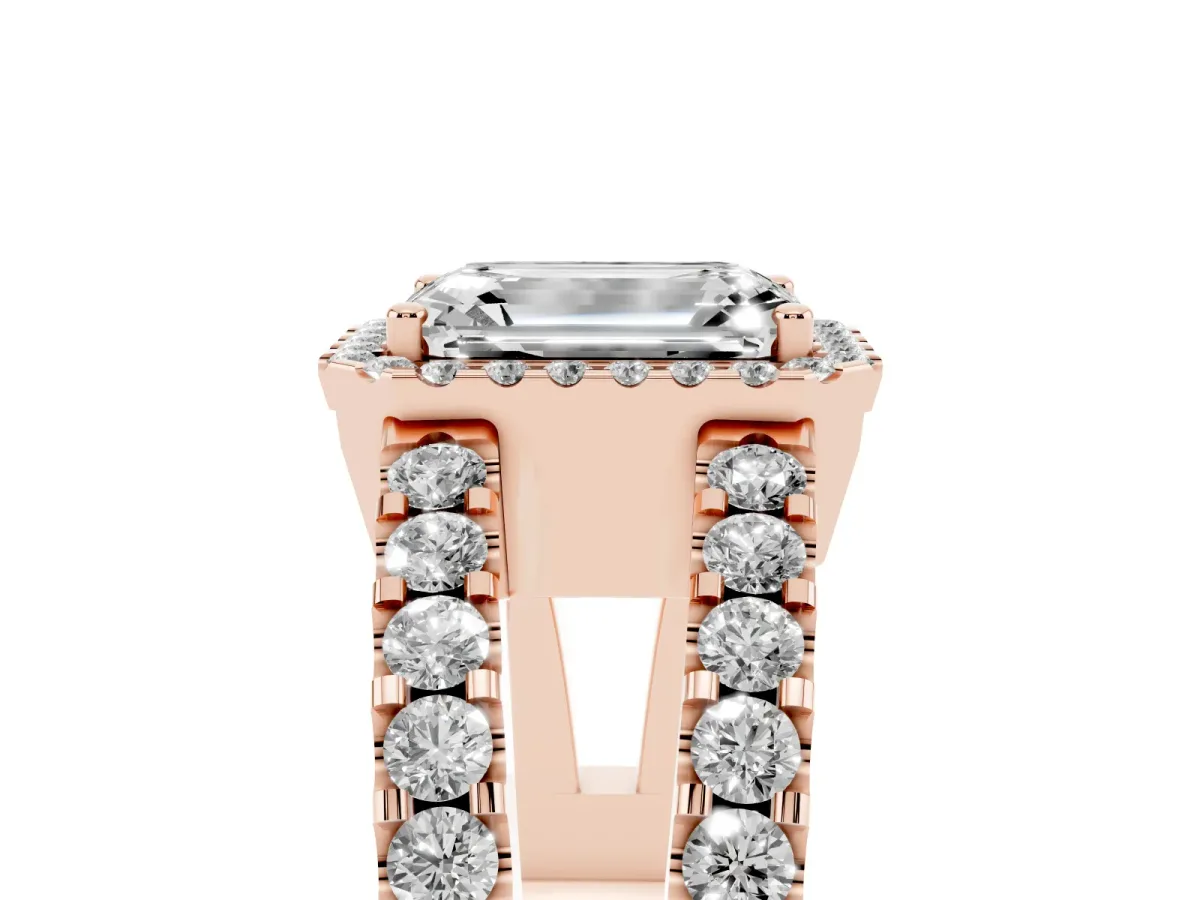 Emerald Cut Cut Halo Split Shank Diamond Ring with Four-Prong Setting Rose gold