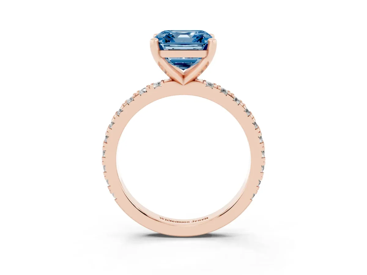 Fancy Blue Asscher Cut Diamond Pavé Band Solitaire with Four-Prong Setting Rose gold
