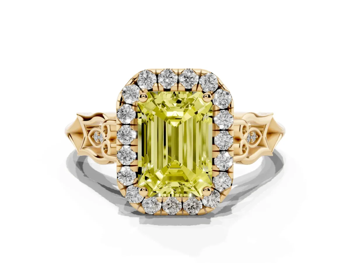 Fancy Yellow Emerald Cut Halo Diamond Engagement Ring with Filigree Band and Four-Prong Setting Yellow gold