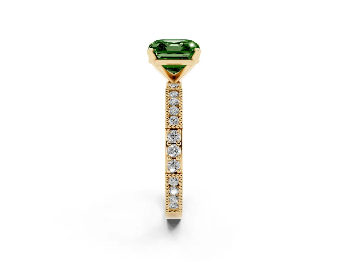 Fancy Green Asscher Cut Solitaire with Pavé Band and Four-Prong Setting Yellow gold