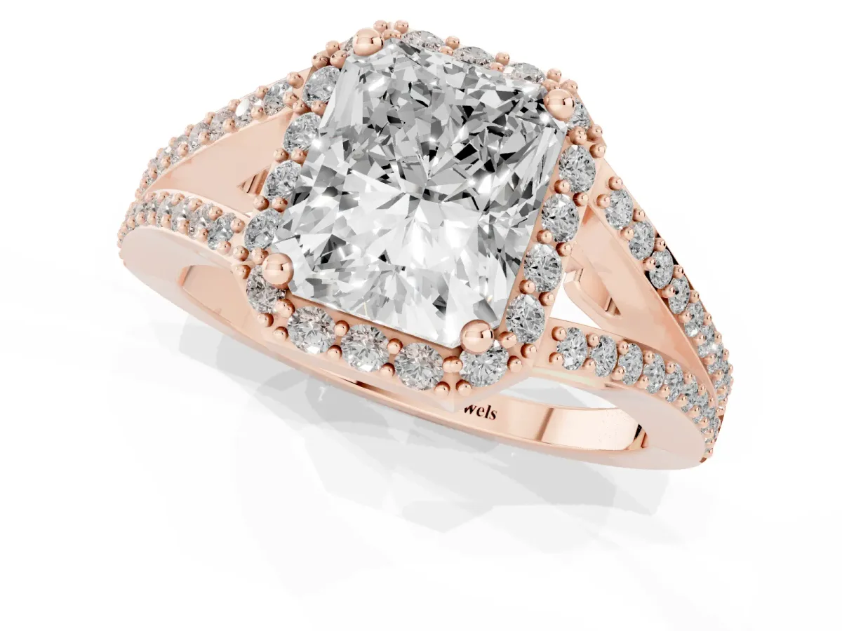 Radiant Cut Halo Split Shank Pave Diamond Ring with Four-Prong Setting Rose gold
