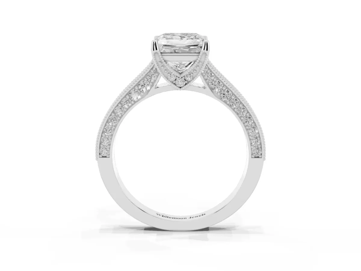 Princess Cut Cut Diamond Solitaire Ring with Milgrain Pave Band and Four Prong Setting Silver