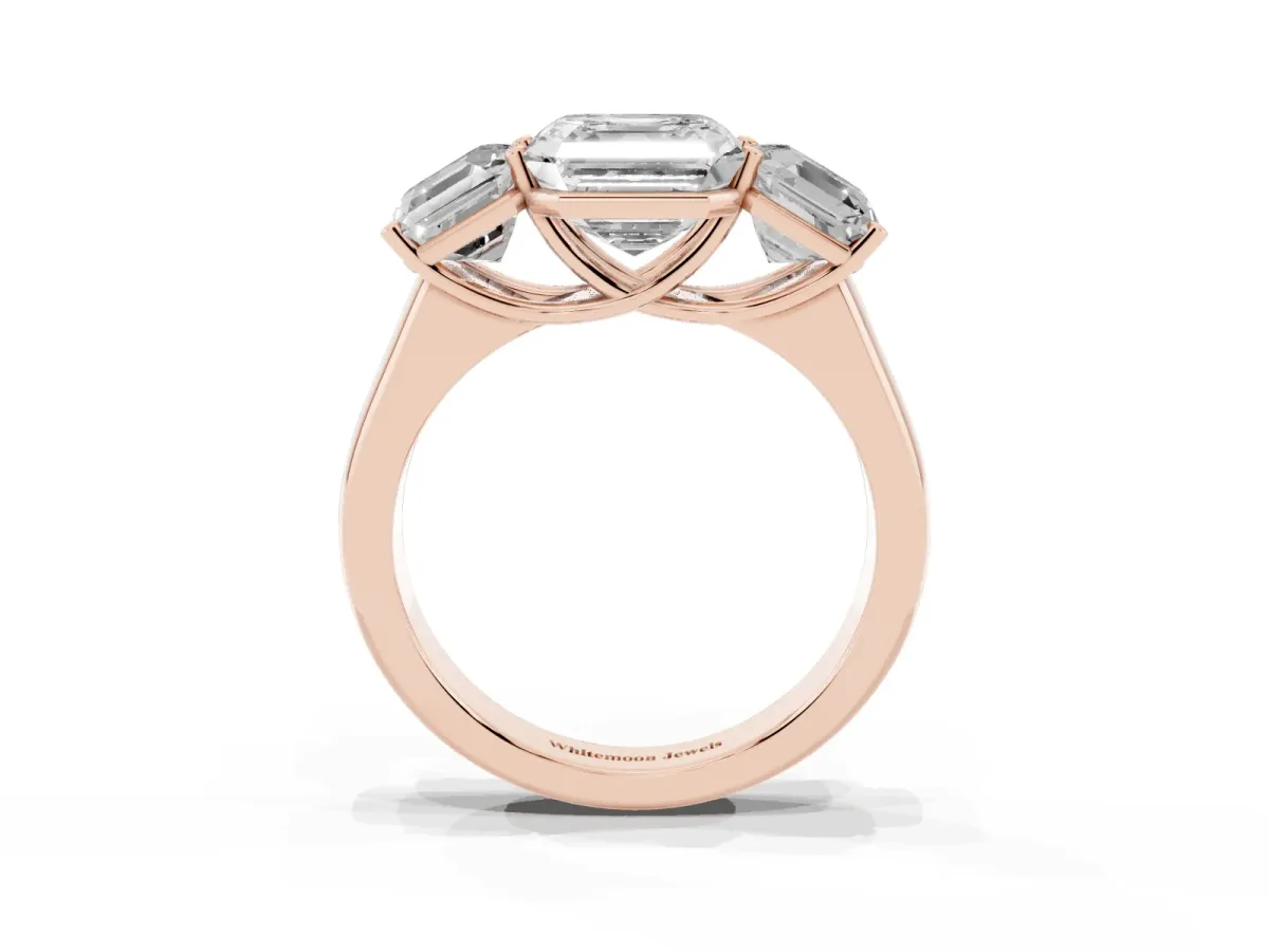 Asscher Cut Three-Stone Diamond Ring with Prong Setting on a Classic Band Rose gold
