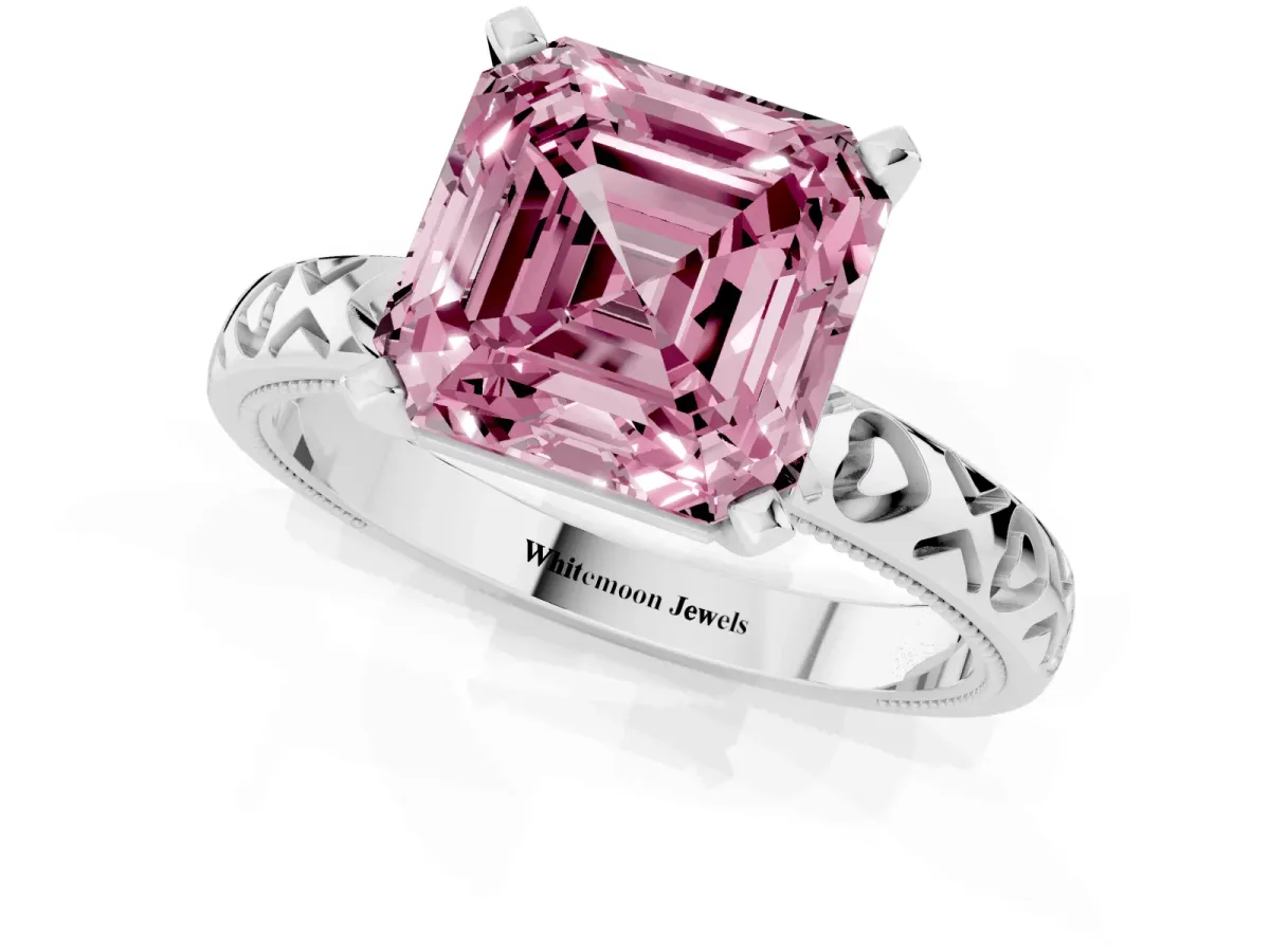 Fancy Pink Asscher Cut Solitaire Diamond Engagement Ring with XO Engraved Band and Four-Prong Setting Platinum