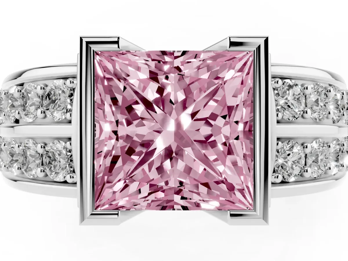 Fancy Pink Princess Cut Brilliant Diamond Channel Set Wide Band Ring with Bezel Setting Silver