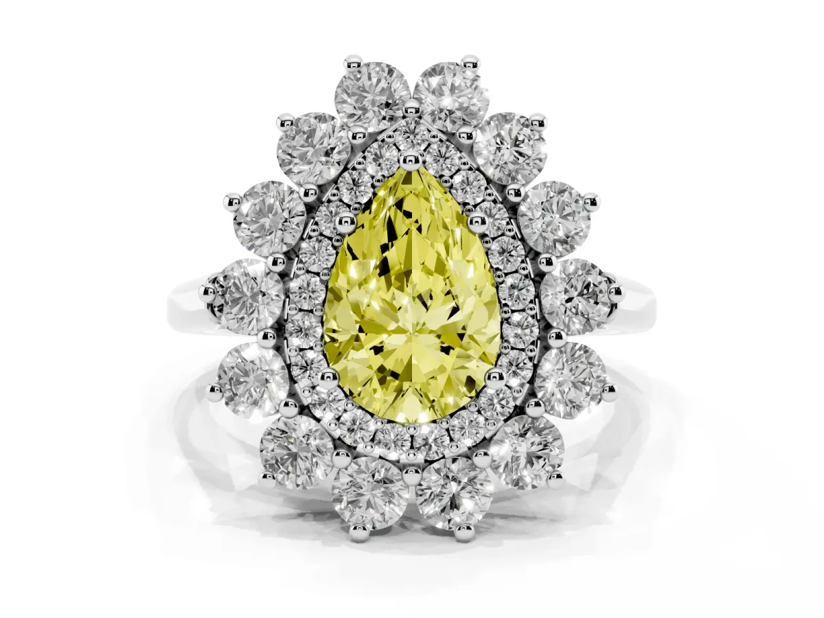 Fancy Yellow Pear Cut Diamond Floral Double Halo Engagement Ring with Prong Setting Silver