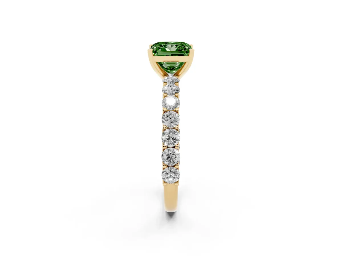Fancy Green Princess Cut Diamond Solitaire Ring with Shared Prong Pavé Band and Four-Prong Setting Yellow gold