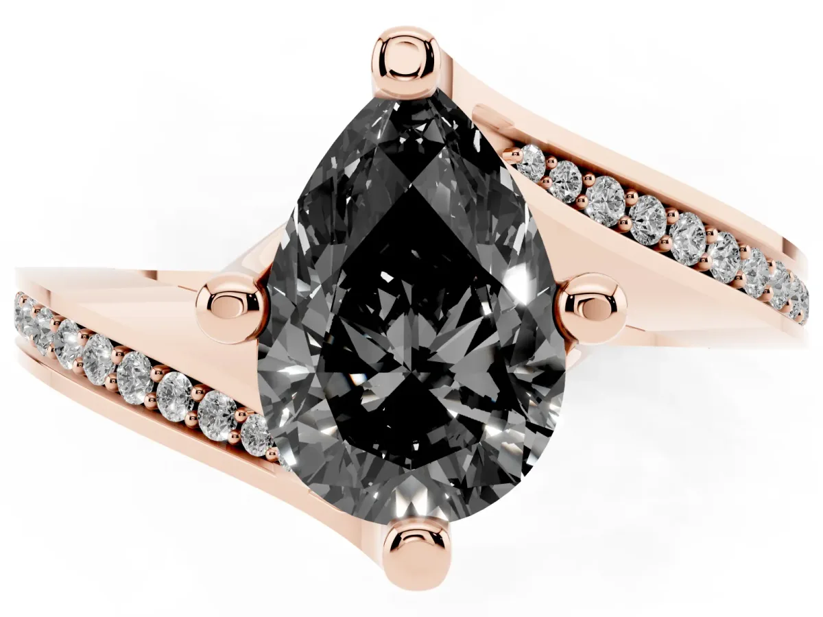 Fancy Black Pear Cut Solitaire Diamond Twist Band with Pavé Setting and Four-Prong Setting Rose gold
