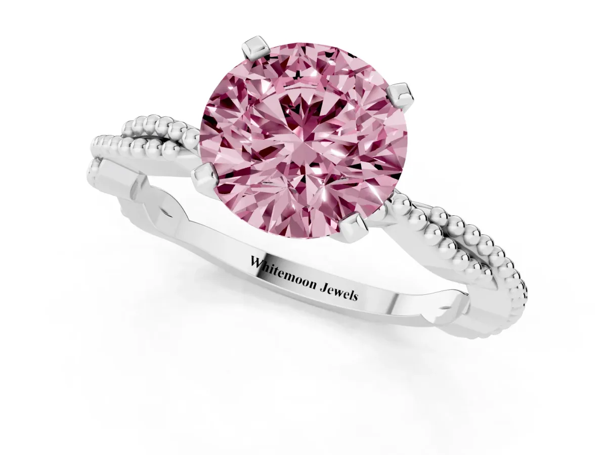 Fancy Pink Round Cut Solitaire Twisted Band with Bead Prong Setting Silver