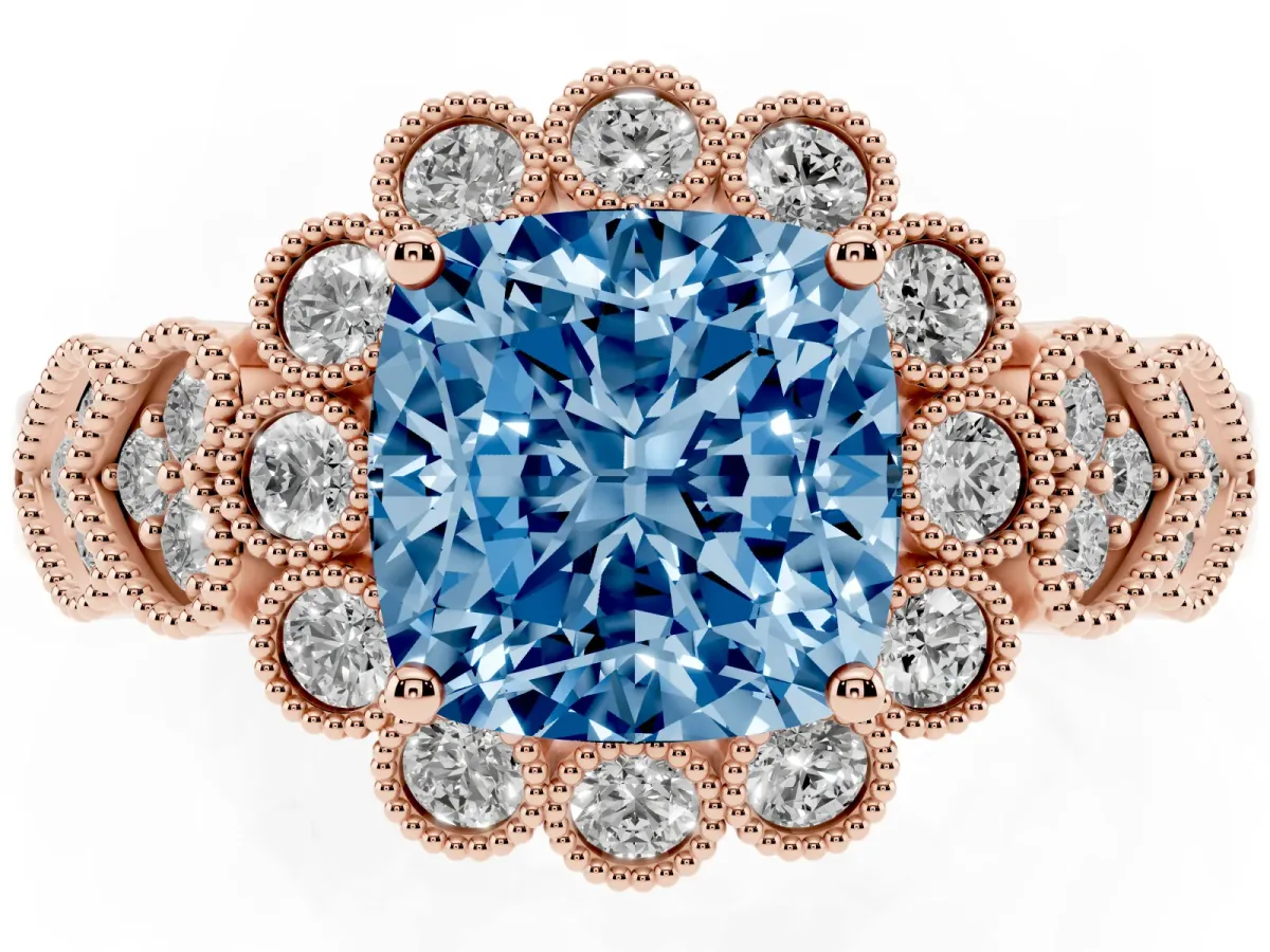 Fancy Blue Cushion Cut Brilliant Milgrain Pave Heart Band Solitaire Ring Rose gold