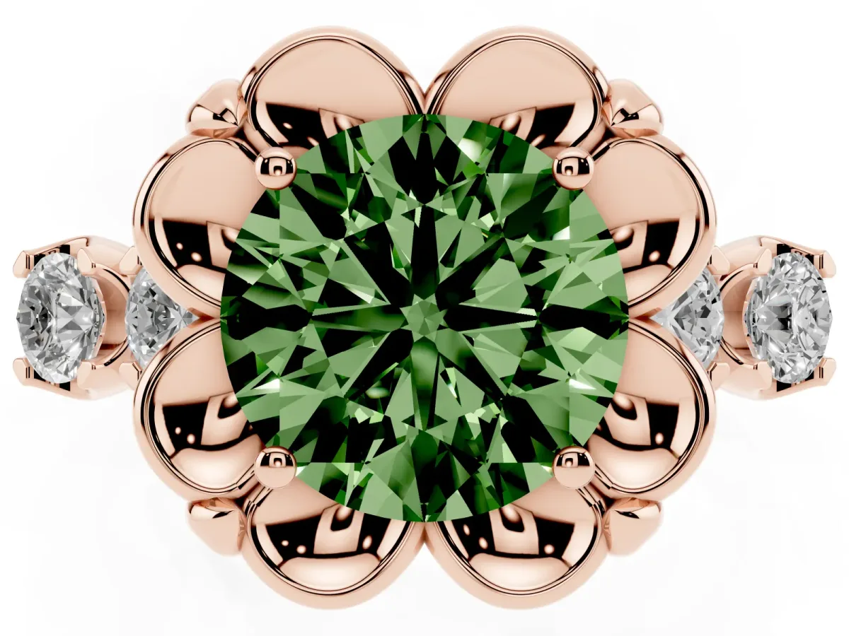 Fancy Green Round Cut Cut Diamond Floral Halo Engagement Ring with Shared Prong Setting Rose gold