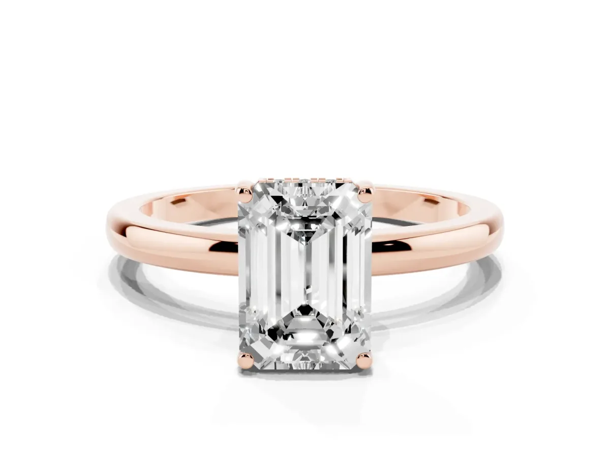 Emerald Cut Solitaire Diamond Ring with Prong Setting and Plain Band Rose gold