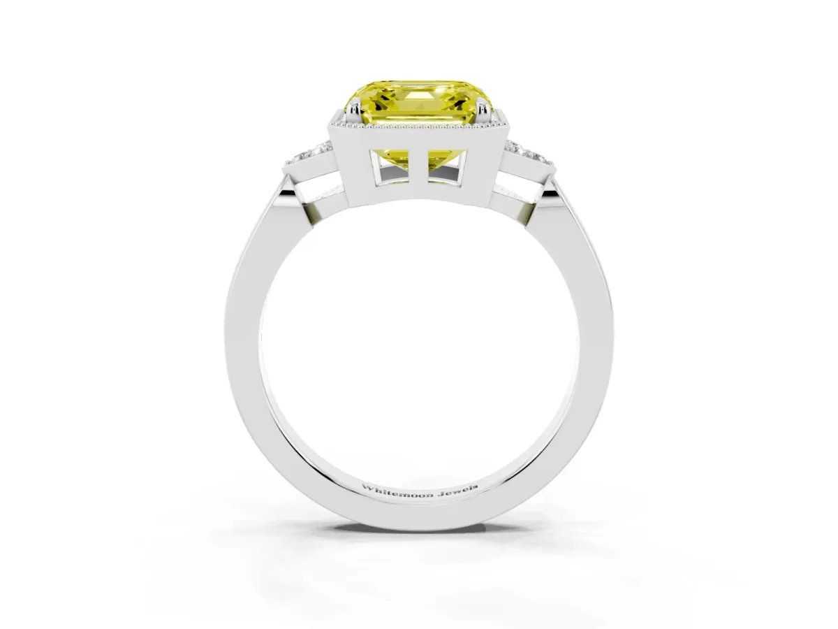 Fancy Yellow Milgrain Asscher Cut Cut Diamond Ring with Tapered Pave Band and Four Prong Setting White gold
