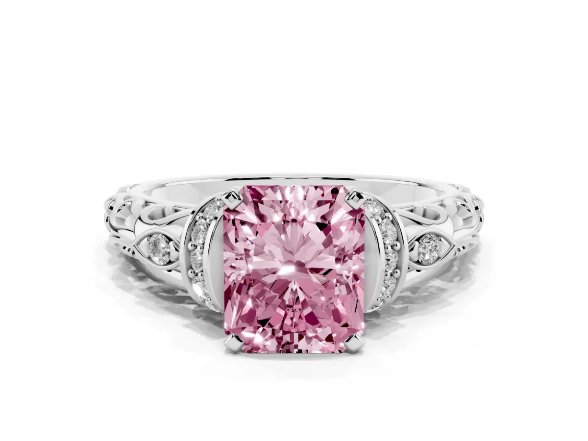 Fancy Pink Radiant Cut Diamond Solitaire Ring with Filigree Band and Four-Prong Setting Silver