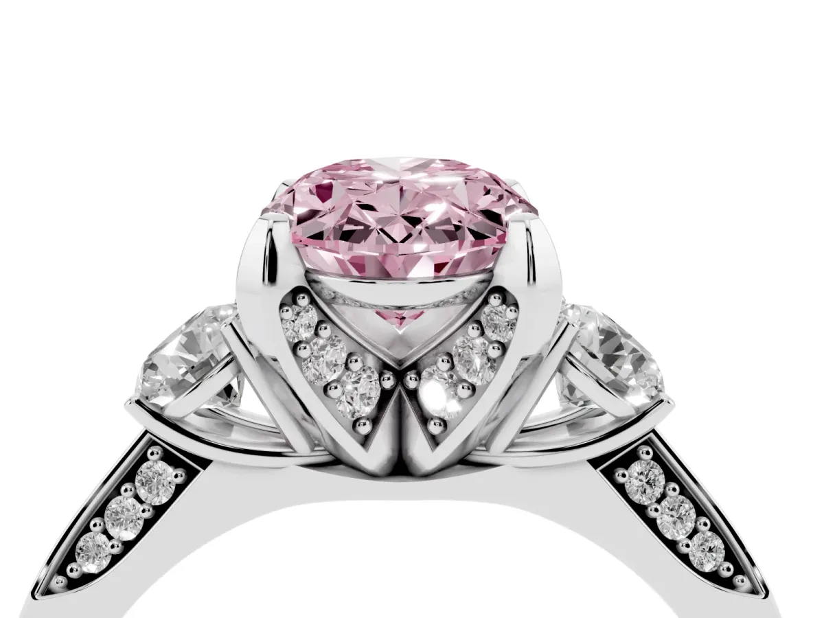 Fancy Pink Oval Cut Brilliant Three-Stone Diamond Ring with Pavé Band and Four-Prong Setting Platinum
