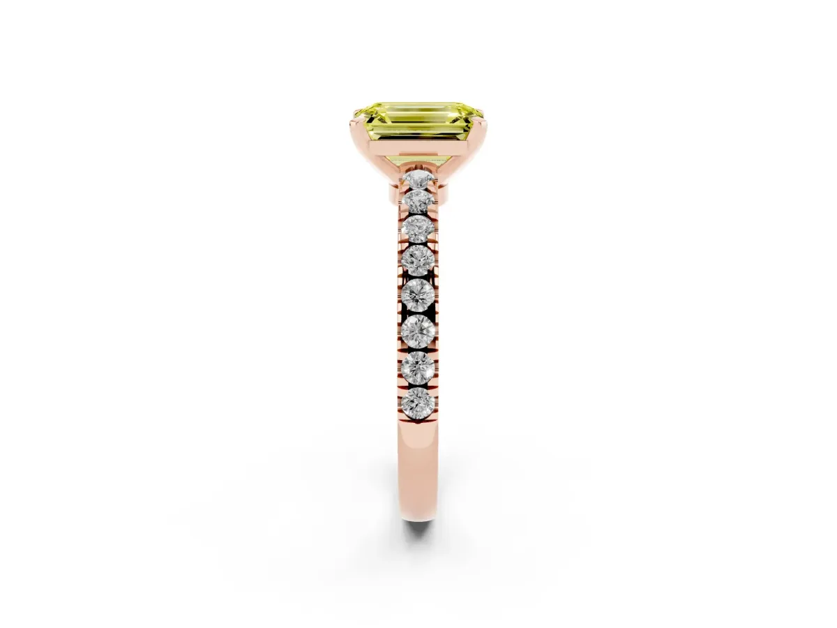 Fancy Yellow Emerald Cut Solitaire Diamond with Pavé Band and Four-Prong Setting Rose gold
