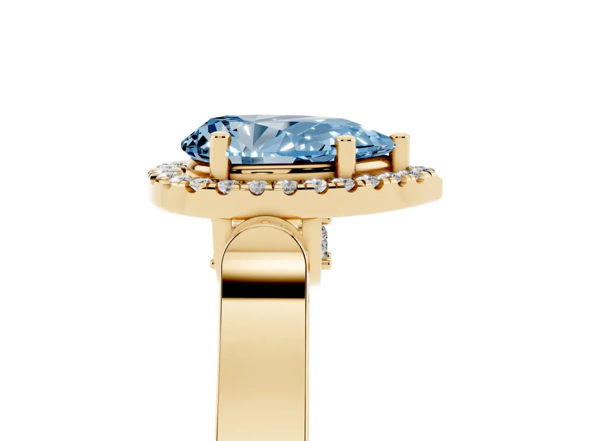 Fancy Blue Pear Cut Halo Pave Split Shank Prong Setting Ring Yellow gold