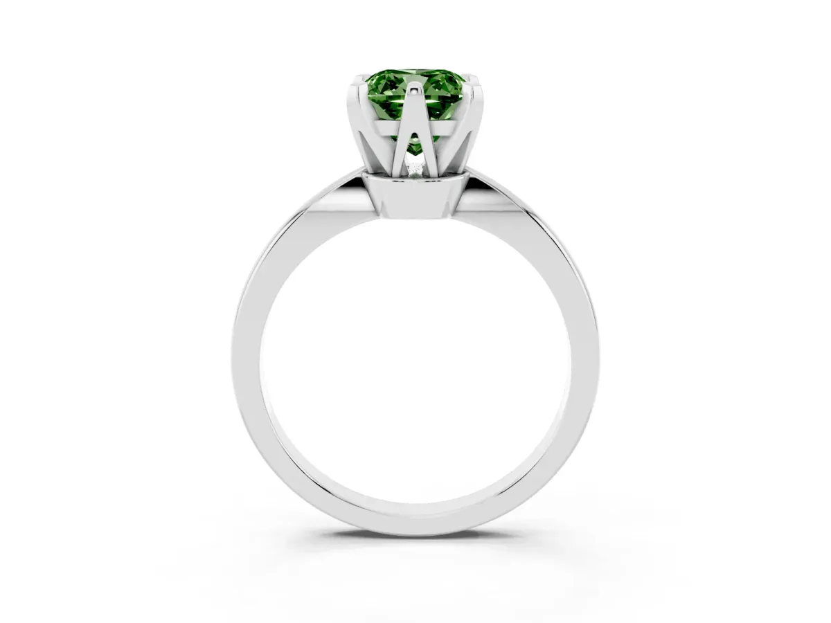 Fancy Green Cushion Cut Solitaire Engagement Ring with Six-Prong Setting and Tapered Band Platinum