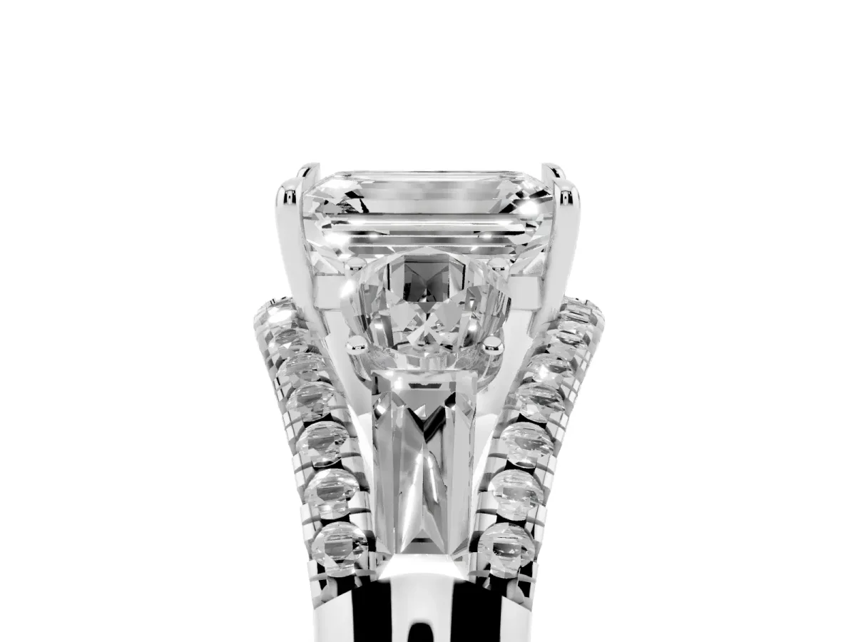 Three-Stone Emerald Cut Diamond Engagement Ring with Pave Band and Prong Setting Silver
