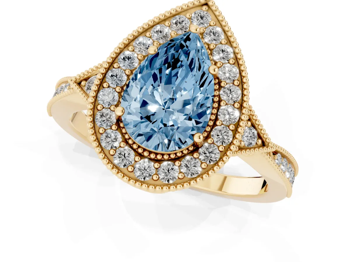 Fancy Blue Pear Cut Halo Round Diamond Milgrain Pave Engagement Ring Yellow gold