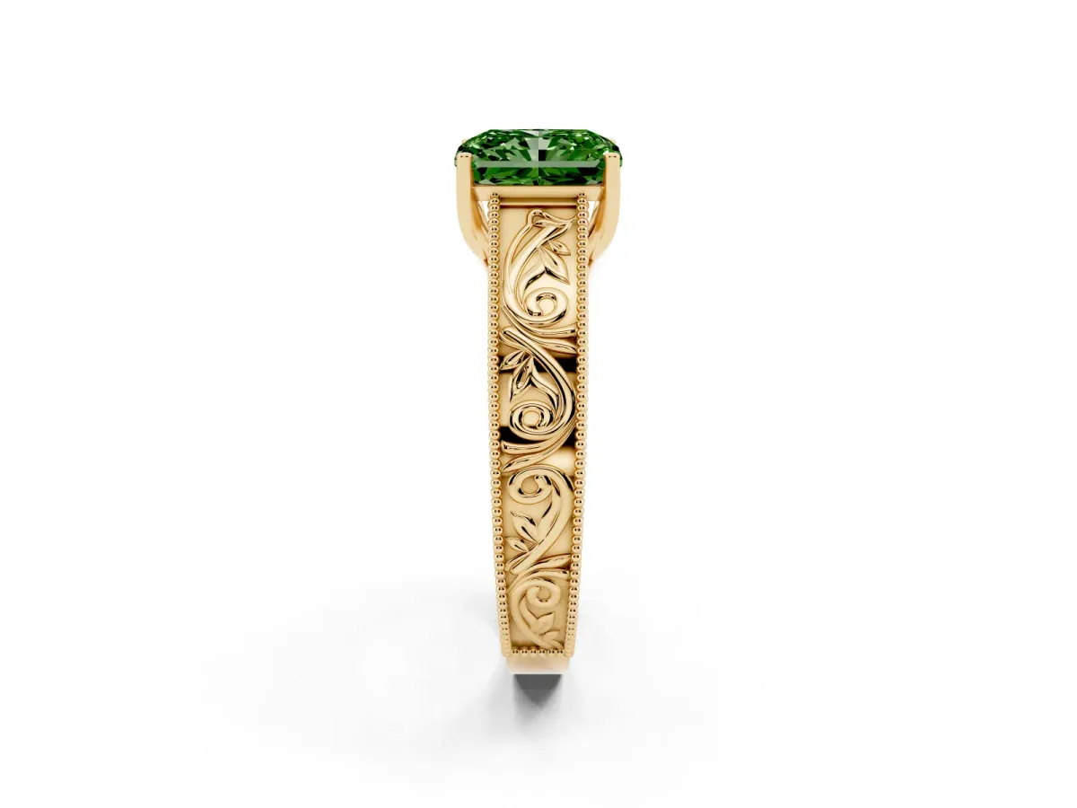 Fancy Green Radiant Cut Diamond Solitaire Ring with Engraved Band and Four-Prong Setting Yellow gold