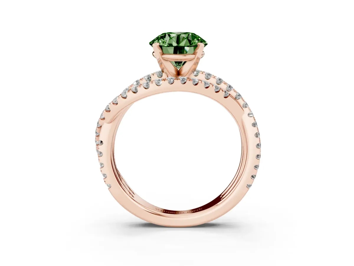 Fancy Green Round Cut Solitaire Twist Band with Pavé Setting and Four-Prong Setting Rose gold