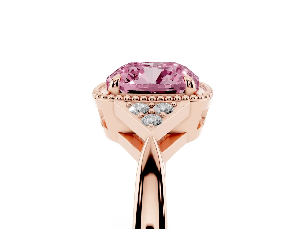 Fancy Pink Cushion Cut Diamond Halo Ring with Tapered Band and Four-Prong Setting Rose gold