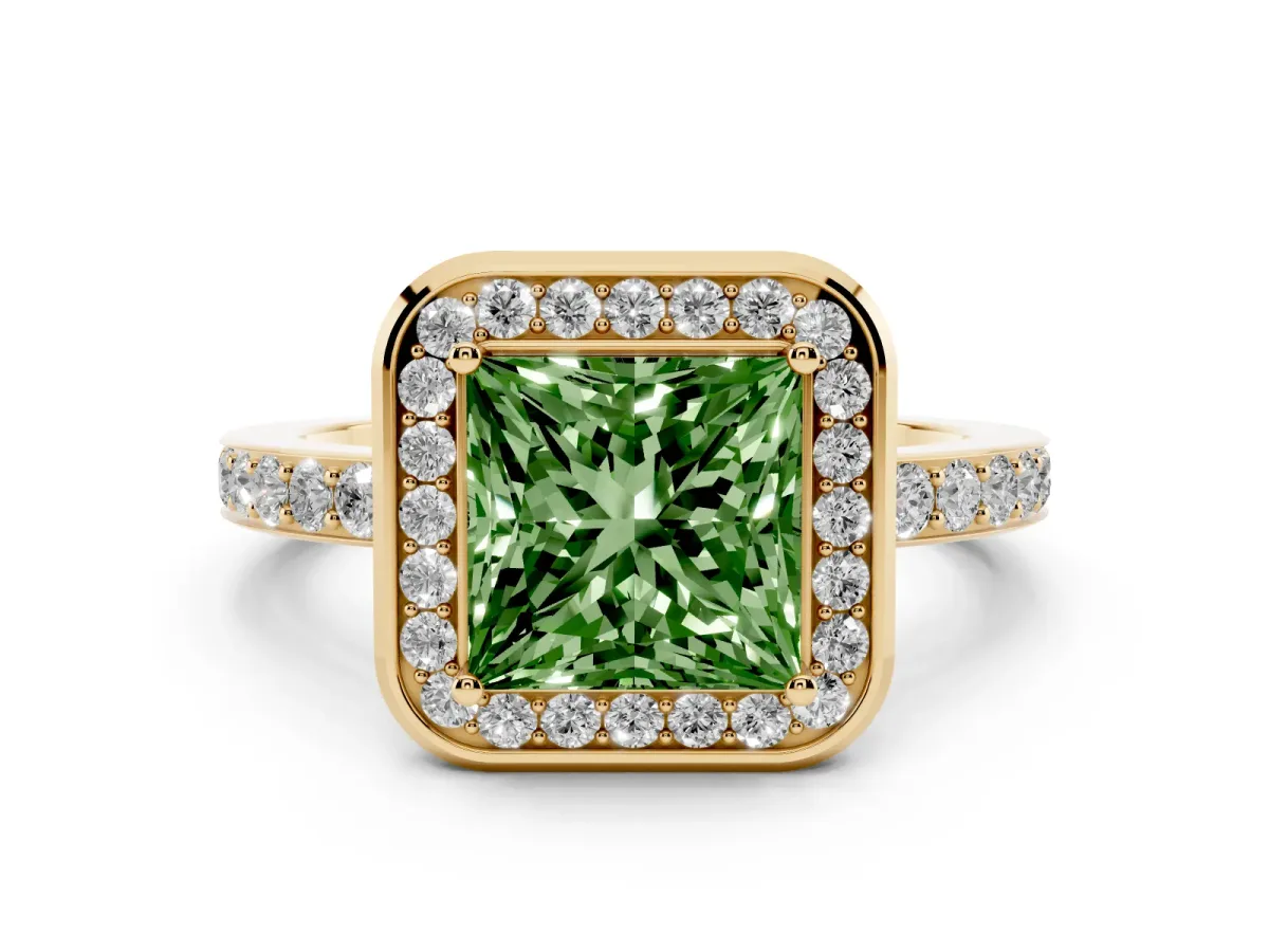 Fancy Green Princess Cut Diamond Halo Ring with Bezel Frame and Pavé Band Yellow gold