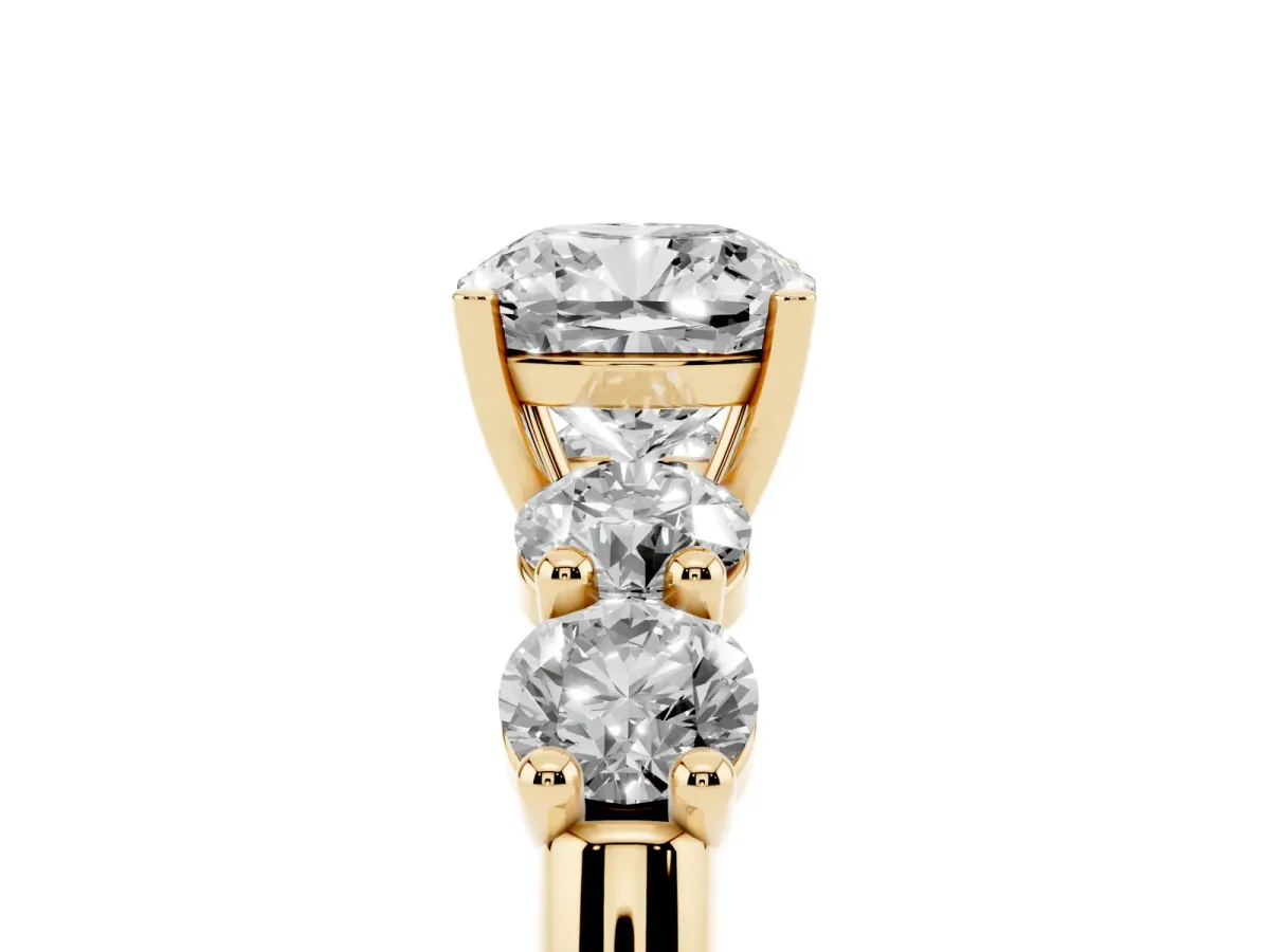 Cushion Cut Cut Five-Stone Prong Set Diamond Ring with Classic Band Yellow gold