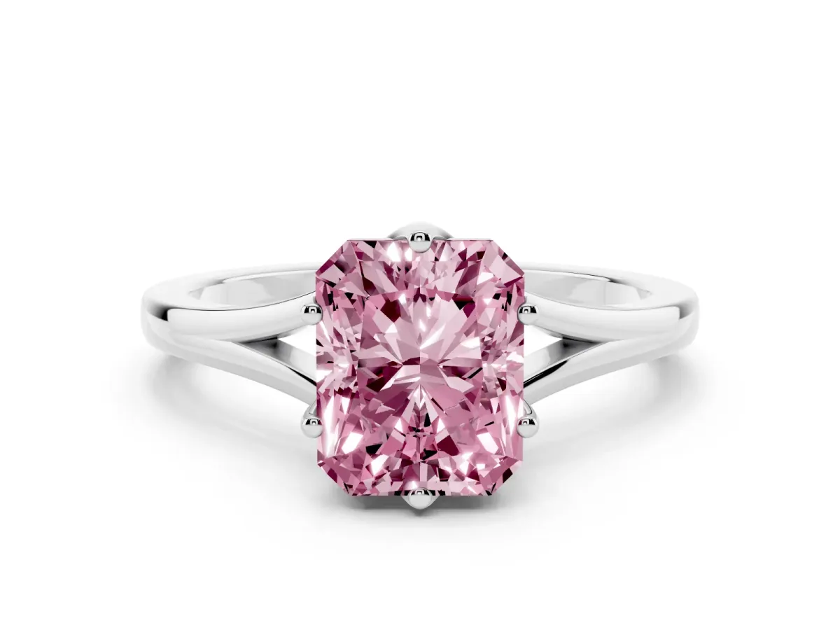 Fancy Pink Radiant Cut Solitaire Diamond Ring with Six-Prong Setting and Tapered Band Platinum