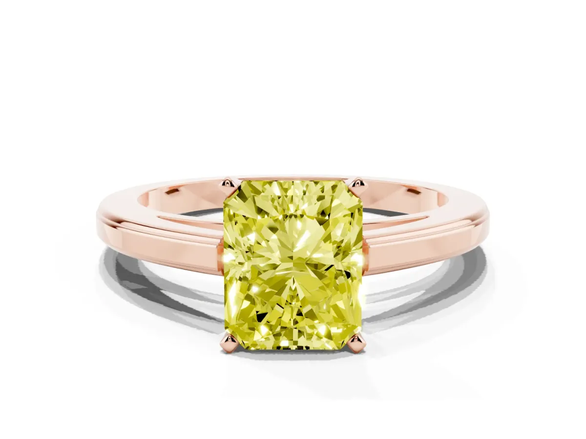 Fancy Yellow Radiant Cut Solitaire Diamond Ring with Four-Prong Setting and Classic Band Rose gold