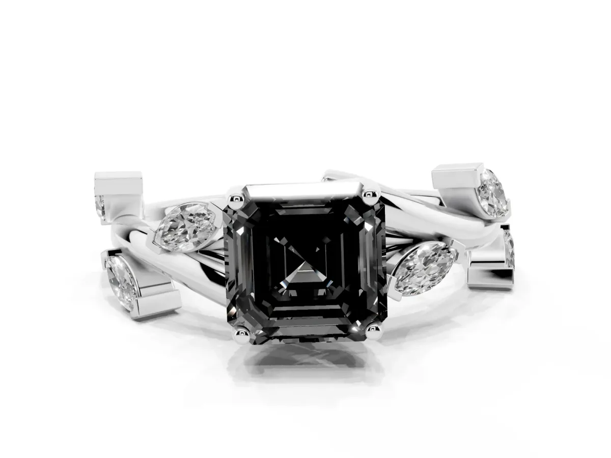 Fancy Black Asscher Cut Solitaire Twisted Band Marquise Accent Prong Setting Ring Platinum