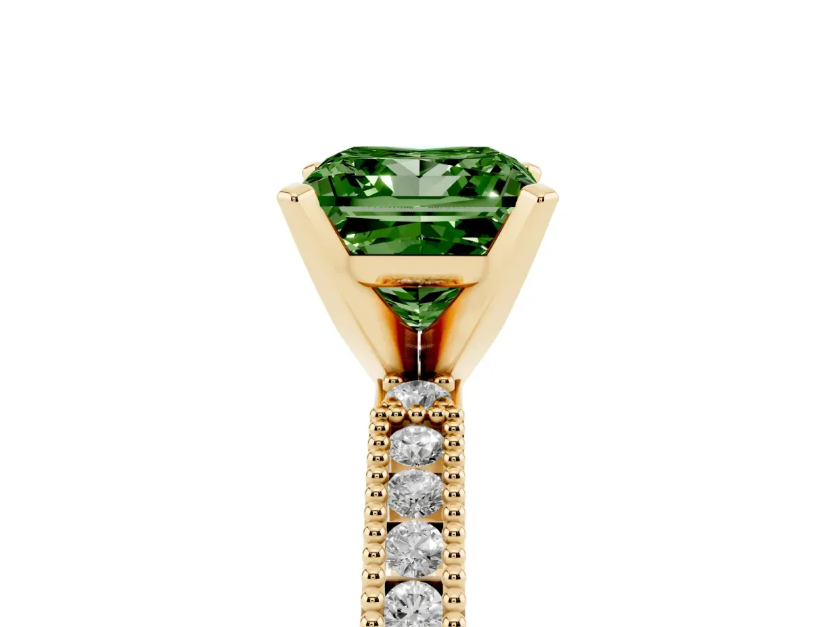 Fancy Green Princess Cut Solitaire with Pavé Band and Four-Prong Setting Yellow gold
